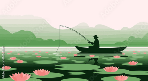 Serene lake scene featuring a fisherman in a boat surrounded by water lilies