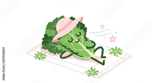 Relaxing Lettuce Character Wearing a Hat On a Towel With Spring Flowers
