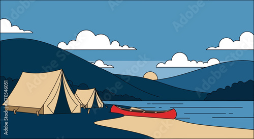 Serene Lakeside Camping Scene Featuring Tents Canoe and Mountain Backdrop at Dusk