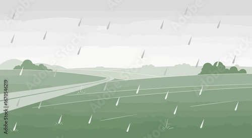 Serene Landscape During Rainfall With Green Fields And Gray Sky Background