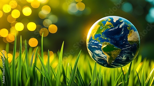 Earth egg floating in green grass with bokeh lights