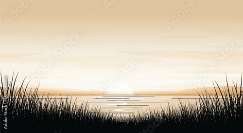 Serene Lakeside View at Sunset with Silhouette Grass Field Landscape