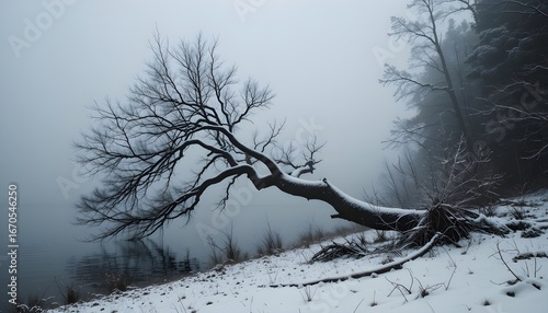 Grey Winter Landscape with Old Fallen Tree by Foggy Lake