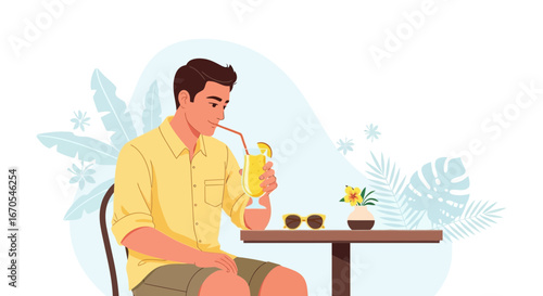 Relaxing Time: Man Enjoying Cold Drink In Tropical Setting Illustration