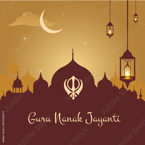 Guru Nanak Jayanti Gurpurab vector illustration with temple silhouette, Khanda symbol, lanterns and crescent moon