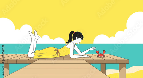 Relaxing Summer Day Young Woman Meets A Crab On A Wooden Pier