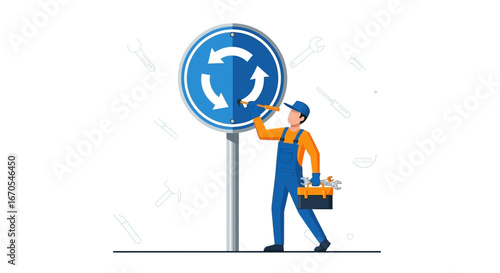 Repairman Fixing Roundabout Road Sign Depicting Circular Arrows Directing Traffic