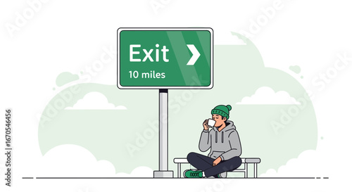 Rest Stop Moment: Young Man Enjoying Coffee Near Highway Exit Sign Illustration
