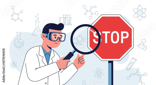 Researcher With Magnifying Glass Inspecting Stop Sign In Scientific Background