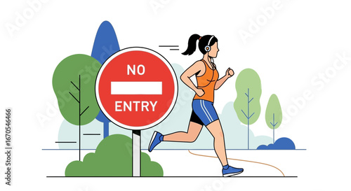 Resilient Woman Jogging Past a No Entry Sign in a Park Illustration