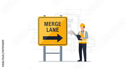 Road Construction Site Worker Inspecting Merge Lane Traffic Sign Illustration