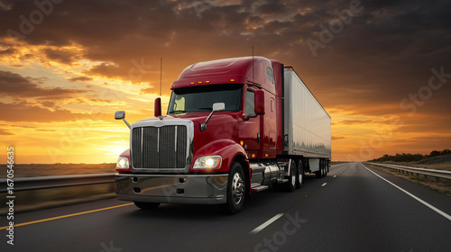 Red semi truck driving on highway at sunset with dramatic sky, logistics and transportation concept in shipping industry with long haul freight transport and road travel in commercial trucking