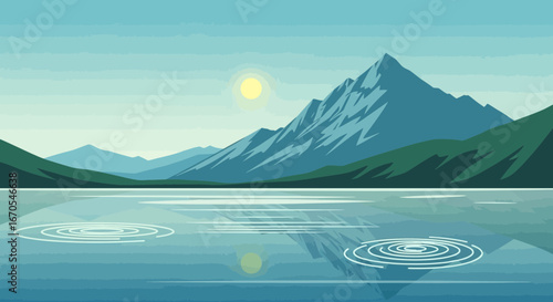 Serene Mountain Lake Reflection Landscape In Simplistic Vector Illustration