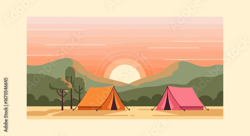 Serene Mountain Landscape Camping Scene With Tents at Sunset Illustration