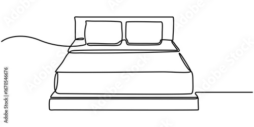 Double bed with the pillows in continuous one line drawing design. Minimalist single line draw of bedroom furniture. 