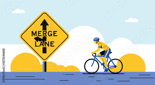 Road Cycling Near Merge Sign Concept For Promoting Bike Safety Awareness