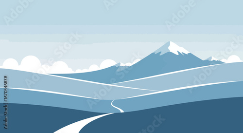Serene Mountain Vista With Winding Path Through Tranquil Blue Valley