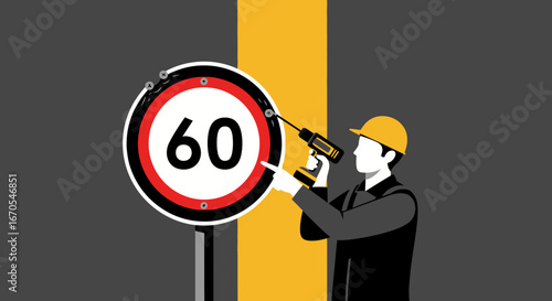 Road Safety Construction Speed Limit Sign With Worker Installing It Illustration