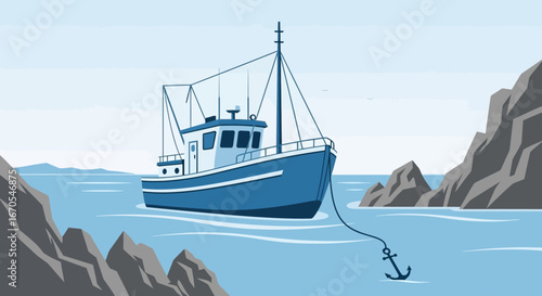 Serene Nautical Scene Featuring Fishing Boat Anchored Near Rocky Coastline