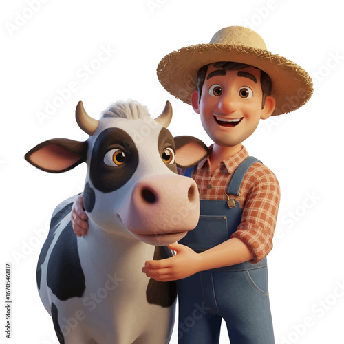 3D Cartoon style of farmer huging cow