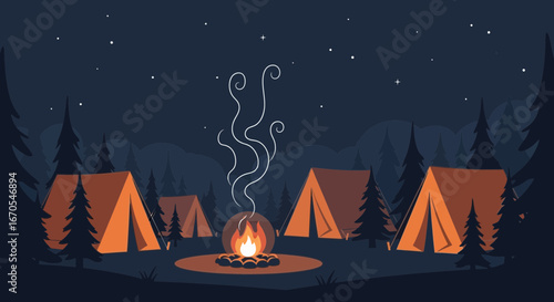 Serene Night Camping Scene In Forest With Campfire And Tents Landscape