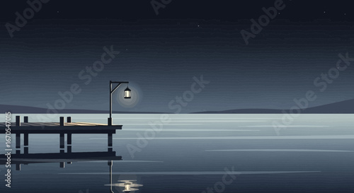 Serene night scene of a lake with a wooden pier and illuminated lantern reflecting in the calm water