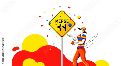 Road Traffic Sign With Juggler For Road Safety Merging Strategy Concept