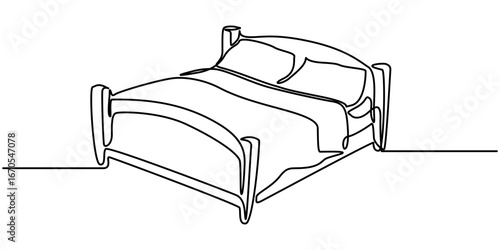 Double bed with the pillows in continuous one line drawing design. Minimalist single line draw of bedroom furniture. 