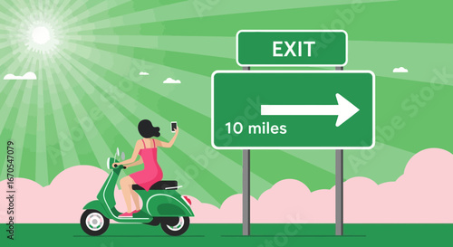 Road Trip Adventure Woman Taking Selfie On Scooter Next To Exit Sign