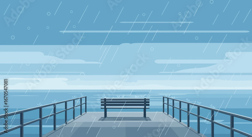 Serene Ocean Vista Bench View On A Rainy Day At The Seafront Pier