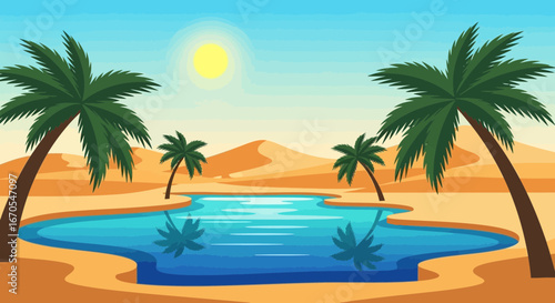 Serene Oasis Landscape With Palm Trees Refreshing Water In Middle Of Desert