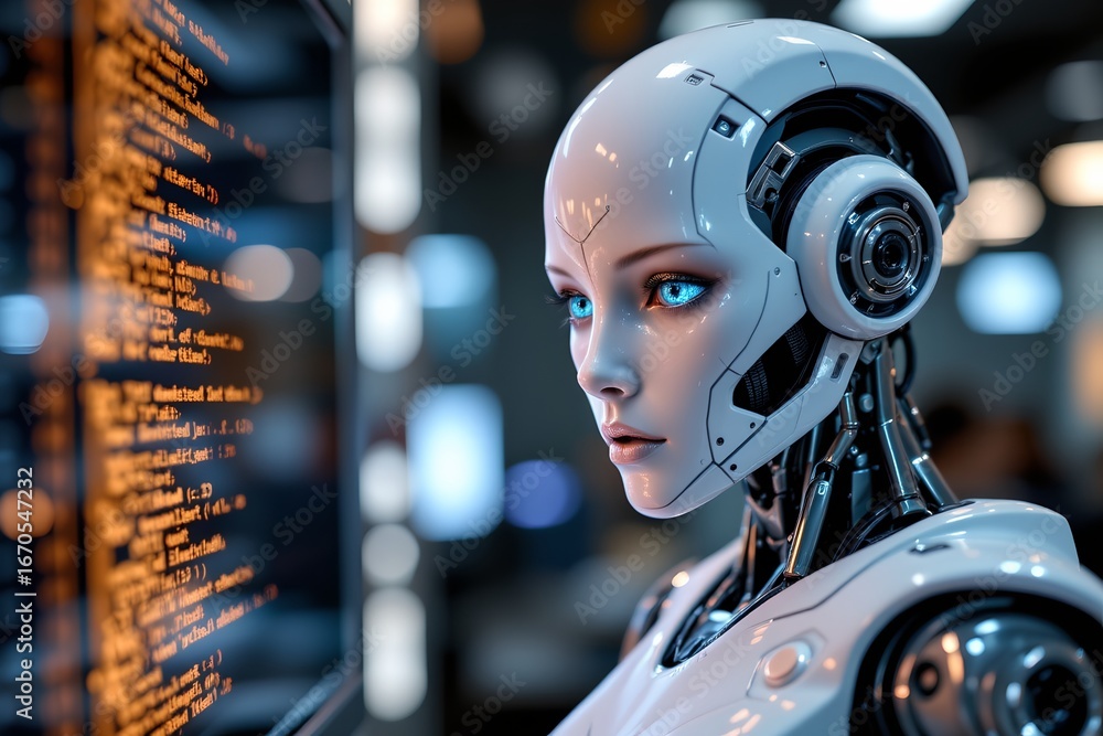 Fototapeta premium Futuristic Humanoid Robot with Coding Environment