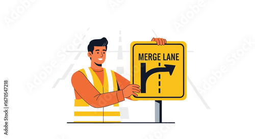 Road worker holding merge lane sign, signaling traffic safety on highway