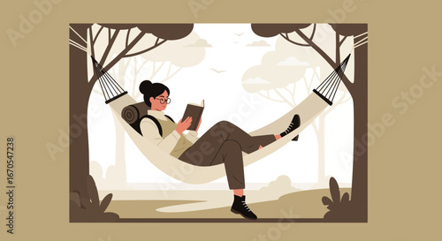 Serene Relaxation Woman Reading A Book In Hammock In Natural Landscape