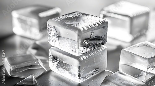 Close up of stacked ice cubes with intricate frost patterns