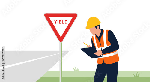 Road Worker Inspecting a Yield Sign on the Roadside for Safety and Compliance