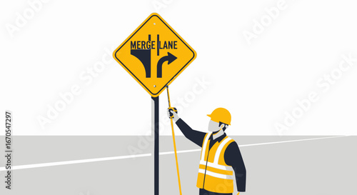 Road worker installing a merge lane sign on the highway for traffic safety