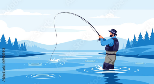 Serene Scene of a Fisherman Enjoying Fly Fishing in a Tranquil River Setting
