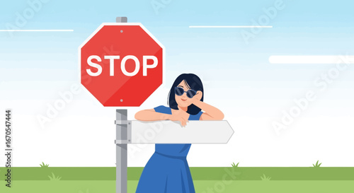 Roadside Reflections Young Woman Contemplates the Stop Sign on a Blue Sky Day