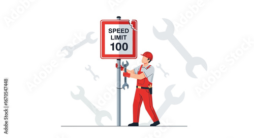 Roadside Repair: Technician Fixing Damaged Speed Limit Sign with Wrenches