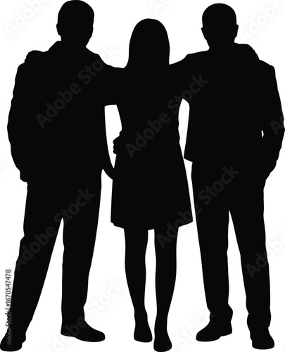 Three friends standing together with arms around each other in silhouette