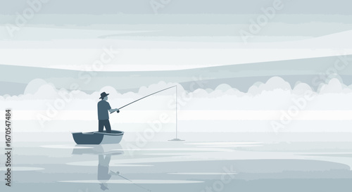 Serene scene of a fisherman in a boat on a calm lake enjoying a peaceful day
