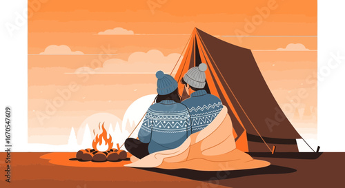 Romantic Camping Getaway Couple Enjoying Campfire Cozy Evening