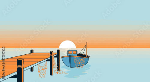 Serene Seaside Illustration of a Fishing Boat Docked at a Wooden Pier