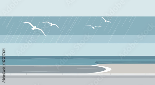 Serene Seaside Rain Scene With Gulls Soaring Above Tranquil Waterscapes