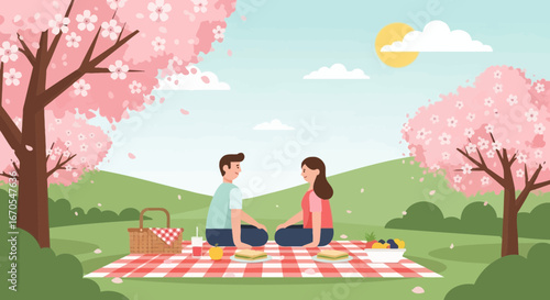 Romantic Spring Picnic Under Cherry Blossom Trees Illustration Artwork