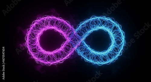 Luminous infinity symbol with intertwined radiant filaments in vivid purple and cyan hues