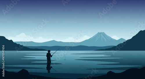 Serene Silhouette Angler Fishing in Tranquil Waters With Mountain Scenery