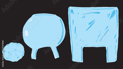 Vector illustration of multiple crumpled transparent plastic bags floating on a dark background, symbolizing waste, pollution, and disposable materials.