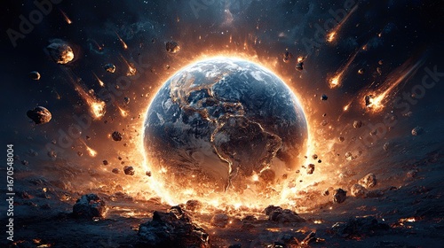 Fototapeta Naklejka Na Ścianę i Meble -  Earth apocalypse with asteroid impact and fiery explosion burning planet surface in cosmic destruction